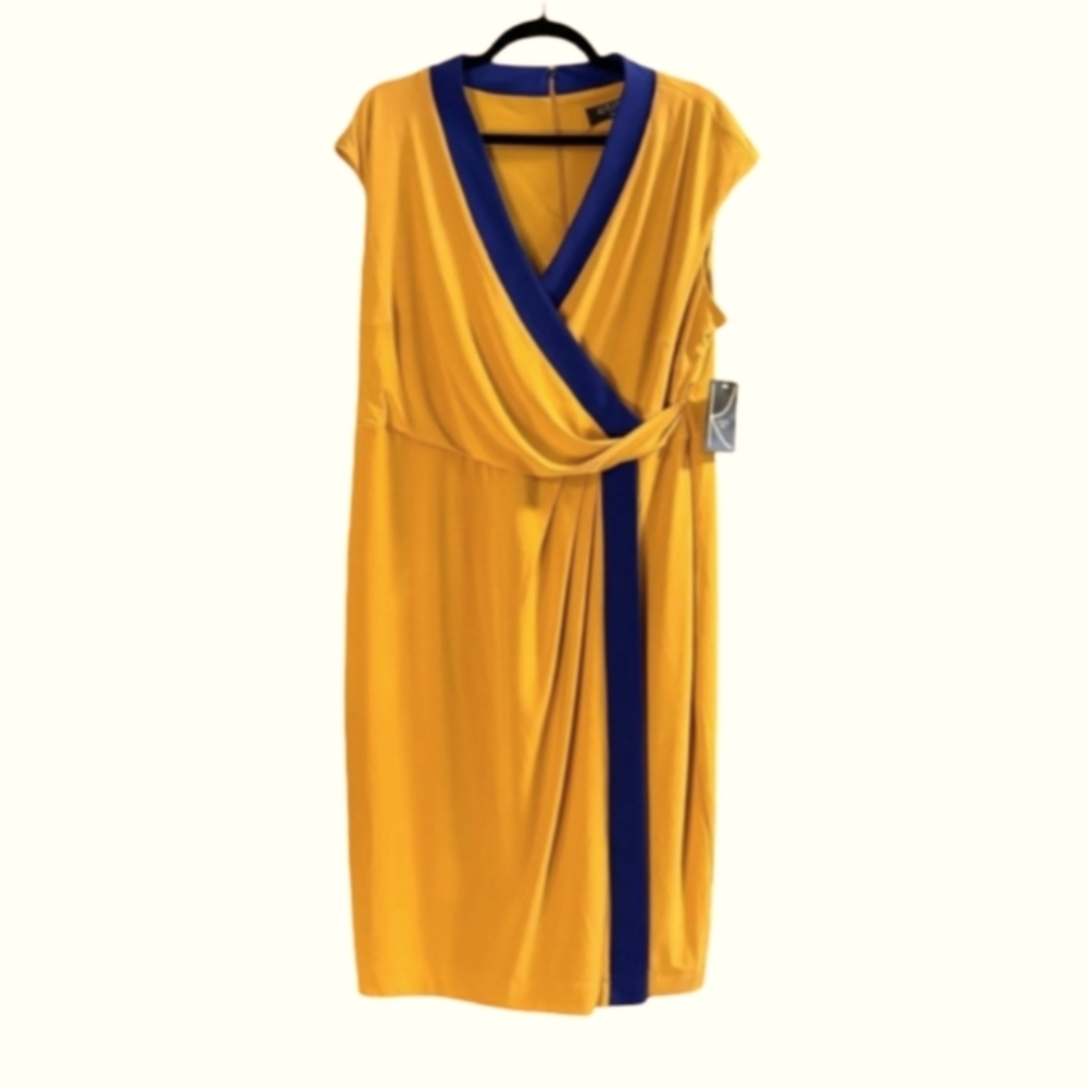 Kasper Faux Wrap Yellow Blue Midi Dress Stretchy Knit 2X #034